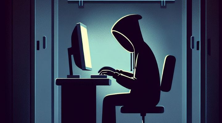 A person in shadow typing at a computer, symbolizing an anonymous hacker.